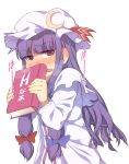  akihazama blush book capelet covering crescent dress ear_blush full-face_blush hair_ribbon hat holding holding_book long_hair open_clothes open_coat open_mouth patchouli_knowledge purple_eyes purple_hair ribbon solo striped striped_dress touhou violet_eyes 
