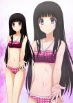  bikini black_hair blunt_bangs chitanda_eru highres hyouka kenken long_hair navel outstretched_arm polka_dot polka_dot_bikini polka_dot_swimsuit purple_eyes smile swimsuit very_long_hair violet_eyes zoom_layer 