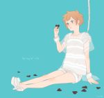  blue_eyes brown_hair cable cord crossdressinging heart high_heels inazuma_eleven inazuma_eleven_(series) male see-through shirt shoes short_shorts shorts simple_background sitting solo tachimukai_yuuki temari114 wristband 