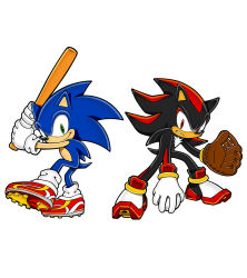  2boys animal_ears animal_nose ball baseball_(object) baseball_(sport) baseball_bat baseball_mitt batting_stance black_fur blue_fur clenched_teeth closed_mouth full_body furry furry_male gloves green_eyes hedgehog_boy holding holding_baseball_bat leg_up legs_apart looking_at_viewer male_focus multiple_boys official_art playing_sports red_eyes red_shoes serious shadow_the_hedgehog shoes simple_background smile sonic_(series) sonic_the_hedgehog standing standing_on_one_leg tail teeth white_background white_gloves 