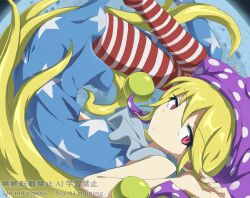  1girl american_flag_dress american_flag_legwear blue_dress breasts clownpiece commentary_request curled_up dress gurina_15 hat highres jester_cap leggings light_frown long_hair looking_at_viewer purple_hat red_eyes short_dress sleeveless sleeveless_dress small_breasts solo touhou very_long_hair 