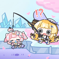  !? 2girls aemeath_(wuthering_waves) aemeath_(young)_(wuthering_waves) ahoge black_bow black_eyes black_gloves blonde_hair blush bow chibi chibi_only closed_eyes closed_mouth commentary_request dress fishing_rod gloves hair_bow hair_ornament hat highres holding holding_fishing_rod ice long_hair multiple_girls open_mouth phoebe_(wuthering_waves) pink_hair snot striped_bow sun_hat sweatdrop syurikenmaru very_long_hair white_bow white_dress white_hat wuthering_waves x_hair_ornament 