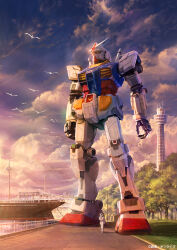  1boy amuro_ray assault_visor bodysuit commentary_request copyright_notice earth_federation gundam harbor helmet highres mecha mecha_pilot_suit mobile_suit mobile_suit_gundam normal_suit_(gundam) official_art outdoors robot rx-78-2_gundam science_fiction ship simple_bird tower tree v-fin watercraft white_bodysuit yokohama you_shimizu 