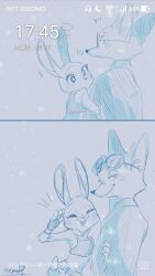  1boy 1girl ^_^ animal_ears animal_nose anime_screenshot arm_hug artist_name aviator_sunglasses belt_pouch blush buck_teeth closed_eyes closed_mouth collared_shirt commentary_request constricted_pupils eyewear_lift facing_viewer fingerless_gloves flat_chest fox_boy fox_ears from_behind furry furry_female furry_male gloves half-closed_eyes hand_up hetero highres holding_another's_arm judy_hopps long_sleeves looking_at_viewer looking_back meme_(penpengusa_no_meme) monochrome multiple_views nick_wilde notice_lines pouch rabbit_ears rabbit_girl shirt signature sketch snout standing sunglasses teeth translation_request upper_body vest waving wide-eyed zootopia 