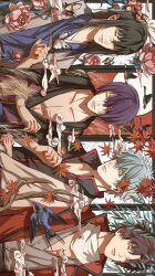  2_loji 4boys absurdres bird black_hair brown_hair bug butterfly butterfly_on_hand commentary flower gintama hair_over_one_eye highres japanese_clothes katsura_kotarou kimono long_hair looking_at_viewer male_focus multiple_boys parted_lips pink_flower pink_rose purple_hair rose sakamoto_tatsuma sakata_gintoki short_hair takasugi_shinsuke upper_body white_hair 