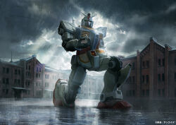  1other building commentary_request copyright_notice gundam mecha mobile_suit mobile_suit_gundam official_art on_one_knee outdoors person_on_hand rain robot rx-78-2_gundam science_fiction v-fin yellow_eyes yokohama you_shimizu 