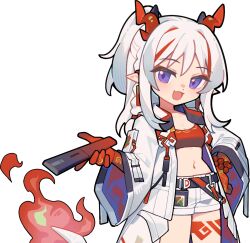  1girl :d arknights arm_tattoo bandeau bead_bracelet beads blush bracelet braid breasts colored_extremities colored_skin cowboy_shot diamond-shaped_pupils diamond_(shape) dragon_girl dragon_horns dragon_tail earrings fang fire flame-tipped_tail highres holding holding_stick horns jacket jewelry leg_tattoo long_hair long_sleeves looking_at_viewer midriff multicolored_hair navel nian_(arknights) official_art open_clothes open_jacket open_mouth ponytail red_bandeau red_skin red_streaks shorts simple_background skin_fang small_breasts smile solo stick streaked_hair symbol-shaped_pupils tachi-e tail tassel tassel_earrings tattoo transparent_background violet_eyes white_hair white_jacket white_shorts 