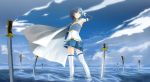  1girl armband armpits belt blue_eyes blue_hair cape cloud clouds elbow_gloves field_of_blades gloves highres magical_girl mahou_shoujo_madoka_magica miki_sayaka short_hair skirt sky smile solo sword thigh-highs thighhighs water weapon zettai_ryouiki 
