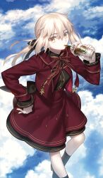  1girl artoria_pendragon_(fate) black_ribbon blonde_hair breasts fate/grand_order fate_(series) hair_ribbon jacket long_hair long_sleeves looking_at_viewer low_ponytail medium_breasts official_art open_clothes open_jacket ponytail red_jacket red_skirt ribbon saber_alter saber_alter_(fgo_fes._2026) sidelocks skirt solo takeuchi_takashi yellow_eyes 