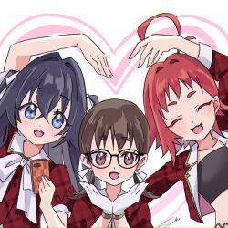  3girls :3 :d ^_^ ahoge arm_up black-framed_eyewear black_hair black_tube_top blue_eyes bow bowtie brown_eyes brown_hair cellphone closed_eyes commentary crossed_bangs facing_viewer glasses gloves hair_between_eyes hair_intakes hair_ribbon heart heart_arms heart_arms_trio holding holding_phone iin_chiyo kimi_no_koto_ga_dai_dai_dai_dai_daisuki_na_100-nin_no_kanojo long_hair looking_at_viewer low_twintails multiple_girls open_mouth phone puffy_short_sleeves puffy_sleeves red_hair ribbon short_hair short_sleeves simple_background smartphone smile strapless syuuka617 tube_top twintails two_side_up white_background white_bow white_bowtie white_gloves white_ribbon yakuzen_kusuri yoshimoto_shizuka 