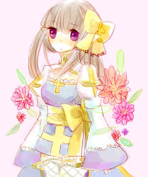  1girl arch_bishop_(ragnarok_online) blue_dress blush bow cleavage_cutout clothing_cutout commentary_request cowboy_shot cross dormir_(challco) dress fishnet_thighhighs fishnets flower frilled_thighhighs frills hair_bow juliet_sleeves long_hair long_sleeves looking_at_viewer open_mouth pink_background pink_flower pointy_ears puffy_sleeves ragnarok_online sash simple_background solo thigh-highs two-tone_dress violet_eyes white_dress white_thighhighs yellow_bow yellow_sash 