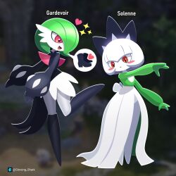  2girls absurdres artist_logo artist_name back_bow black_boots black_crown black_shirt blurry blurry_background blush blush_stickers bob_cut boots bow character_name closed_mouth colored_skin commentary cosplay costume_switch crown english_commentary flat_chest full_body gardevoir gloved_sleeves glowing_shark green_hair green_shirt hair_over_one_eye happy heart high-waist_skirt highres knee_boots leg_up logo long_sleeves looking_back looking_down miniskirt multiple_girls no_feet no_lineart one_eye_covered open_mouth orange_eyes palworld pokemon pokemon_(creature) puffy_long_sleeves puffy_sleeves red_eyes shirt short_hair skirt smile solenne_(palworld) spoken_heart spoken_object standing standing_on_one_leg twitter_username watermark white_hair white_skin white_skirt 