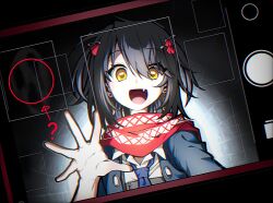  1boy ? black_hair blue_necktie cellphone collared_shirt commentary earrings fake_phone_screenshot fake_screenshot fang hair_between_eyes hair_ornament highres horror_(theme) jewelry ka_howareyou looking_at_viewer male_focus mashiro_meme mashiro_meme_(1st_costume) necktie nijisanji open_mouth phone safety_pin_hair_ornament scarf selfie shirt smartphone solo untranslatable_commentary upper_body virtual_youtuber yellow_eyes 