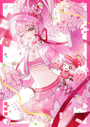  2girls absurdres adapted_costume amulet_heart blunt_bangs boots border brown_boots buttons chain_belt cheerleader chibi choker collared_jacket confetti contrast_collar cowboy_shot crop_top cropped_jacket cross-laced_clothes cross-laced_skirt crossed_bandaids eyelashes frilled_skirt frills guardian_chara hair_between_eyes hair_ornament halftone halftone_background happy hat heart heart_hair_ornament high_side_ponytail highres hinamori_amu holding holding_pom_poms humpty_lock_(shugo_chara!) jacket jersey knee_boots lace-up_boots layered_skirt long_sleeves looking_at_viewer magical_girl medium_hair midriff miniskirt multiple_girls neck_ribbon no_navel one_eye_closed open_clothes open_jacket outside_border outstretched_arms papu_(papu1006) pink_border pink_choker pink_eyes pink_hair pink_hat pink_jacket pink_shirt pink_skirt pink_theme pom_pom_(cheerleading) puffy_long_sleeves puffy_sleeves ran_(shugo_chara!) red_ribbon ribbon shirt short_side_ponytail shugo_chara! side_ponytail skirt split_ponytail standing streamers thighs visor_cap white_background white_skirt yellow_eyes 