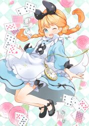  1girl :d ;d ace_(playing_card) ace_of_hearts alice's_adventures_in_wonderland alice_(alice_in_wonderland) apron argyle_background black_bow black_hairband black_ribbon black_shoes blonde_hair blue_dress blue_eyes bow braid card club_(shape) collared_dress commentary_request diamond_(shape) dress floating_hair flower frilled_apron frills full_body hair_ornament hair_ribbon hairband heart highres kuga_tsukasa long_hair long_sleeves low_twintails one_eye_closed pink_flower pink_rose playing_card pocket_watch puffy_long_sleeves puffy_sleeves rabbit_hair_ornament ribbon roman_numeral rose shoes smile solo spade_(shape) twin_braids twintails very_long_hair watch white_apron 