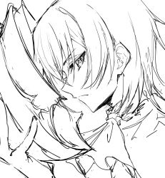  1boy ascot closed_mouth code_geass commentary_request greyscale hand_up helmet highres holding holding_unworn_helmet ichikawa_haru lelouch_vi_britannia looking_at_viewer looking_to_the_side male_focus monochrome short_hair simple_background sketch solo unworn_headwear unworn_helmet white_background 