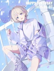  1girl absurdres balloon blonde_hair choker commentary dated happy_birthday highres holding holding_balloon hololive hololive_dev_is knee_up leotard looking_at_viewer multicolored_hair off_shoulder open_mouth purple_choker purple_hair shoes short_hair short_sleeves sitting sitting_on_stairs sneakers solo stairs streaked_hair todo-akira todoroki_hajime todoroki_hajime_(1st_costume) two_side_up untranslatable_commentary violet_eyes virtual_youtuber white_leotard white_shoes 