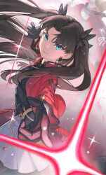  1boy 1girl absurdres archer_(fate) black_gloves black_shirt black_thighhighs blue_eyes brown_hair commentary dark-skinned_male dark_skin earrings energy_beam fate/stay_night fate_(series) gem gloves highres honkai:_star_rail honkai_(series) hoop_earrings jacket jewelry long_hair matsuudesu pointing red_gem red_jacket rin's_pendant_(fate) shirt short_hair skirt sparkle thigh-highs tohsaka_rin tohsaka_rin_(honkai:_star_rail) two_side_up white_hair white_skirt 