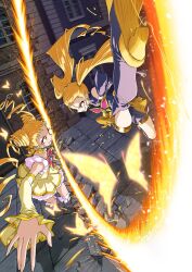  2girls absurdres angry black_boots black_dress blonde_hair boots butterfly_brooch butterfly_earrings city commentary_request cone_hair_bun cure_lemonade dark_lemonade dress earrings fighting hair_bun highres itou_shin'ichi jewelry kasugano_urara_(precure) long_hair looking_at_another magical_girl multiple_girls open_mouth precure puffy_short_sleeves puffy_sleeves short_sleeves twintails yellow_dress yellow_eyes yes!_precure_5 