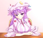  blush breast_rest breasts capelet chair crescent crossed_arms desk dress hat head_tilt large_breasts long_hair looking_at_viewer noumin patchouli_knowledge purple_eyes purple_hair sitting smile solo striped striped_dress touhou violet_eyes 