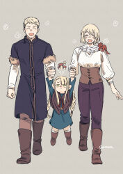  1boy 2girls :d ^_^ blonde_hair blue_robe boots braid brother_and_sister brown_capelet brown_shoes capelet changeling_(dungeon_meshi) closed_eyes dungeon_meshi falin_touden fangs feathers green_eyes halfling holding_hands laios_touden lifting_person long_hair marcille_donato marcille_donato_(half-foot) medium_hair multiple_girls non-web_source red_dragon_(dungeon_meshi) robe shirt shoes short_hair siblings signature smile somura source_request spoilers twin_braids white_shirt 