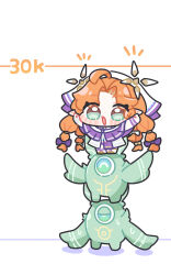  1girl :d absurdres ahoge aqua_eyes arms_up blush_stickers bow chibi chibi_only commentary_request dress green_eyes hair_bow headscarf highres long_hair looking_at_viewer multiple_hair_bows notice_lines open_mouth orange_hair outstretched_arms parted_bangs purple_bow reflection reflective_floor sigrika_(wuthering_waves) simple_background smile solo standing sweatdrop syurikenmaru white_background wuthering_waves 
