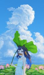  1girl blue_sky clouds cloudy_sky collarbone commentary_request cowboy_shot cumulonimbus_cloud day dress flat_chest flower from_side hair_flaps highres holding holding_leaf hololive hololive_english ika--1024 leaf leaf_umbrella long_hair looking_at_viewer lotus lotus_leaf ninomae_ina'nis outdoors purple_hair scenery sky solo standing summer sundress tentacle_hair violet_eyes virtual_youtuber watermark wide_shot 