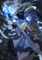  1girl absurdres artist_name black_dress black_hat blue_eyes blue_hair braid braided_ponytail brown_cloak cloak closed_mouth commentary_request cowboy_shot dress flat_chest frown grey_dress hat highres holding holding_staff long_hair long_sleeves looking_at_viewer mage_staff multicolored_dress mushoku_tensei roxy_migurdia solo staff watermark white_dress witch_hat yuuki931869 