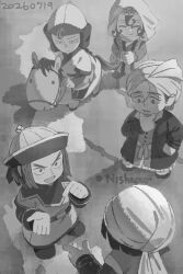  1girl 1other 3boys arghun_(tenmaku_no_jaadugar) belt black_hair commentary_request dated facial_hair hand_on_own_chin hat highres horseback_riding korguz_(tenmaku_no_jaadugar) layered_sleeves long_sleeves multiple_boys open_mouth qingdai_guanmao riding sharafuddin_(tenmaku_no_jaadugar) short_over_long_sleeves short_sleeves sitara stroking_own_chin talking tenmaku_no_jaadugar turban yoshito_(adore) 