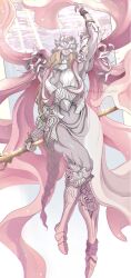  1girl absurdres armor armpits blonde_hair breasts breasts_apart clothing_cutout colored_skin covered_eyes elden_ring elden_ring_nightreign flat_color flying_ribbons full_body grey_skin halter_shirt halterneck hand_up helmet helmet_over_eyes highres hip_armor kageisland_9lov navel navel_cutout ornate_armor pink_ribbon plunging_neckline polearm ribbon rope_braid sarong solo weapon weapon_bequeathed_harmonia_(elden_ring) white_background white_sarong wide_hips 