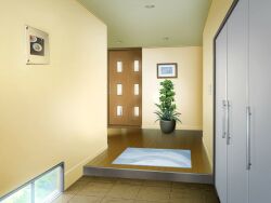  ceiling ceiling_light day door game_asset indoors no_humans non-web_source official_art plant potted_plant self-datamine subarashiki_hibi variant_set window wooden_floor 