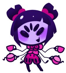  1girl 2025 2d anthro arachnid arthropod arthropod_girl ben-day_dots black_hair black_sclera blouse bow chibi chibi_only colored_sclera colored_skin cup digital_media extra_arms extra_eyes eyelashes fangs female female_only full_body hair_bow holding holding_cup holding_teapot ichi_(tentaclesnbones) monster monster_girl muffet open_mouth puffy_short_sleeves puffy_shorts puffy_sleeves purple_skin red_blouse red_bow screentones short_twintails shorts simple_background solo spider spider_girl standing teacup teapot twintails undertale utdr_(toby_fox) white_background 