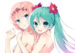  2girls aqua_hair blue_eyes hatsune_miku hijikini long_hair megurine_luka no_bra nude pink_hair twintails vocaloid 