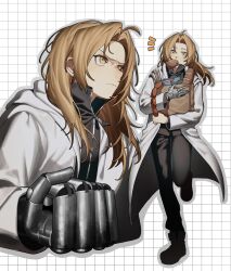  1boy ahoge automail bag baguette black_jacket black_pants blonde_hair bread clenched_hand closed_mouth coat conqueror_of_shambala curtained_hair drink_carton dyga2tu4 edward_elric food full_body fullmetal_alchemist grid_background grocery_bag highres holding holding_bag hood hood_down hooded_coat jacket linked_sausages long_hair male_focus mechanical_arms milk_carton mouth_hold multiple_views notice_lines pants paper_bag running sausage shopping_bag simple_background single_mechanical_arm standing white_background white_coat yellow_eyes 