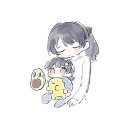  2girls avocado_(love_live!) basil_(wgh0anzdple3asf) black_bow black_hair bow closed_eyes commentary_request hair_bow hair_ornament if_they_mated korean_commentary love_live! love_live!_hasu_no_sora_jogakuin_school_idol_club mole mole_on_neck mother_and_child mother_and_daughter multiple_girls murano_sayaka parent_and_child pink_eyes ponytail science_babies second-party_source shirt simple_background star_(symbol) star_hair_ornament stuffed_avocado stuffed_dinosaur virtual_youtuber white_background white_shirt yugiri_tsuzuri 