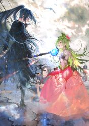  1boy 2girls :d bird black_boots black_shirt blue_hair boots breasts brown_hair character_request clouds cloudy_sky commentary_request copyright_request covered_navel cracked_road denim dress fingerless_gloves flower_dress fox_mask full_body gloves green_eyes green_hair hair_ornament highres holding holding_own_dress holding_staff jeans jewelry kayahara leaf_hair_ornament lens_flare light_rays long_hair mage_staff mask multiple_girls necklace outdoors pants parted_bangs pink_dress power_lines road road_sign seagull shirt short_side_ponytail side_ponytail sign sky small_breasts smile staff sunbeam sunlight t-shirt 