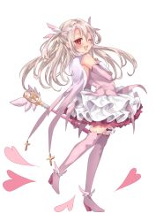  1girl :d ;d blonde_hair boots cape commentary cross detached_sleeves fate/kaleid_liner_prisma_illya fate_(series) feathers full_body heart high_heels highres holding holding_wand illyasviel_von_einzbern kandatu long_hair looking_at_viewer magical_girl magical_ruby one_eye_closed open_mouth pink_boots pink_sleeves prisma_illya red_eyes simple_background skirt smile solo thigh_boots wand white_background white_skirt 