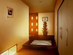  ceiling ceiling_light door evening game_asset indoors no_humans non-web_source official_art plant potted_plant self-datamine subarashiki_hibi variant_set window wooden_floor 