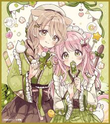  2girls :q animal_ear_fluff animal_ears beret blush bow braid brown_eyes brown_hair brown_hakama cat_ears cat_girl cat_tail closed_mouth commentary_request dango double_bun food fushigi_na_neko_no_machi_meltier green_bow green_eyes green_hair green_hakama green_kimono grey_hat hair_bun hair_ornament hair_over_shoulder hakama hakama_skirt hat heart holding holding_food japanese_clothes kimono long_hair maid_headdress makia_(fushigi_na_neko_no_machi_meltier) moco_(fushigi_na_neko_no_machi_meltier) multicolored_hair multiple_girls obi parted_lips pennant pink_hair sakura_oriko sanshoku_dango sash skirt smile streaked_hair string_of_flags tail tongue tongue_out very_long_hair wagashi white_kimono x_hair_ornament 