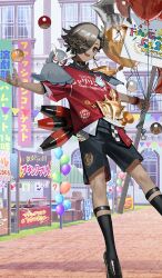  1boy :d ascalaphus_(academy_outfit)_(fate) ascalaphus_(fate) badge balloon bird black_shoes black_shorts black_socks brown_hair button_badge commentary_request dark-skinned_male dark_skin fate/grand_order fate_(series) feet_out_of_frame game_asset hair_over_one_eye holding holding_balloon holding_sign juggling juggling_club kneehighs legwear_garter looking_at_viewer male_focus official_art open_mouth outdoors outstretched_arms owl partial_commentary red_eyes red_shirt rounin_(amuza) shirt shoes short_hair short_sleeves shorts sign smile socks solo standing standing_on_one_leg star_balloon third-party_source wristband 