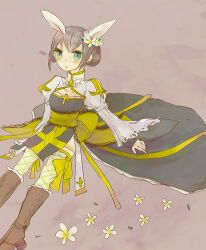 1girl animal_ears arch_bishop_(ragnarok_online) black_dress blue_eyes blush boots bow brown_background brown_boots brown_hair cleavage_cutout clothing_cutout commentary_request cross dormir_(challco) double_bun dress fishnet_thighhighs fishnets flower foot_out_of_frame frilled_thighhighs frills hair_bun juliet_sleeves long_sleeves looking_at_viewer puffy_sleeves rabbit_ears rabbit_girl ragnarok_online sash short_hair simple_background solo thigh-highs two-tone_dress waist_bow white_dress white_flower white_thighhighs wide_sleeves yellow_sash 