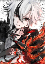  1girl absurdres arlecchino_(genshin_impact) black_eyes black_hair black_streaks coat commentary_request genshin_impact gloves highres k_o_tuzumi long_hair long_sleeves looking_at_viewer multicolored_hair short_hair streaked_hair symbol-shaped_pupils white_hair x-shaped_pupils 