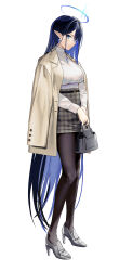  1girl absurdres black_hair blue_archive blue_eyeliner blue_eyes blue_hair blue_halo breasts colored_inner_hair commentary_request eyeliner full_body glasses halo high_heels highres long_hair makeup multicolored_hair multicolored_halo ningen_(ningen96) pantyhose plaid_clothes plaid_skirt pointy_ears rin_(blue_archive) rin_(casual)_(blue_archive) shoes skirt standing sweater sweater_tucked_in turtleneck turtleneck_sweater two-tone_hair two-tone_halo very_long_hair white_sweater 