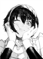  1boy 1girl absurdres anger_vein blush commentary_request fingernails greyscale hair_between_eyes hairband hands_on_another's_face highres hulkenberg_(metaphor:_refantazio) jacket long_sleeves looking_at_viewer meta metaphor:_refantazio monochrome one_eye_closed peperon_(peperou) pov pov_hands protagonist_(metaphor:_refantazio) short_hair simple_background sweatdrop 