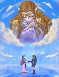  1boy 1girl absurdres blonde_hair brown_hair champion's_tunic_(zelda) commentary crying english_commentary gerudo green_tunic highres hylian_(ocarina_of_time) hylian_shield link littleaubade long_hair master_sword pointy_ears princess princess_zelda shield shield_on_back the_legend_of_zelda the_legend_of_zelda:_ocarina_of_time triforce tunic 