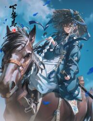  1girl absurdres animal aqua_eyes beizi_(clothing) black_boots black_hair blue_flower blue_hanfu blue_petals blue_sky boots bright_pupils chinese_clothes closed_mouth commentary_request day double-parted_bangs falling_petals flower hair_between_eyes hair_flower hair_ornament hanfu highres holding holding_reins horse horseback_riding konya_karasue long_bangs long_hair long_sleeves looking_at_viewer luo_tianyi open_clothes outdoors petals photo-referenced reins riding sky solo vocaloid wavy_mouth white_pupils 