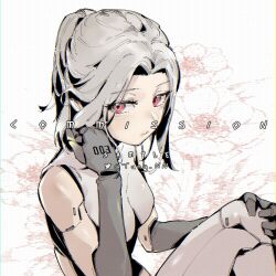  1girl adjusting_hair android blush closed_mouth commission crop_top curtained_hair cytus cytus_ii grey_hair grey_shirt half_updo hand_on_own_knee jill_(cytus) looking_at_viewer medium_hair metal_skin number_tattoo red_eyes shirt skin_seams solo spongeman9214 tattoo twitter_username white_background 