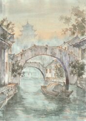  arch_bridge architecture boat bridge canal china commentary_request east_asian_architecture evening highres orange_sky original outdoors painting_(medium) paruperu people real_world_location scenery sky tower traditional_media tree water watercolor_(medium) watercraft 