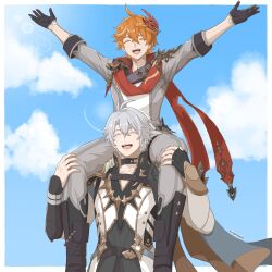  2boys ahoge antenna_hair arm_guards armor arms_up artist_name belt black_belt black_boots black_choker black_gloves black_shirt blue_cape blue_sky boots border cape carrying chest_belt choker closed_eyes clouds cloudy_sky coat collarbone collared_shirt commentary company_connection crossed_bangs crossover day feet_out_of_frame fingerless_gloves gem genshin_impact gloves grey_hair grey_jacket grey_pants hair_between_eyes happy high_collar highres honkai:_star_rail honkai_(series) jacket long_sleeves male_focus mask mask_on_head mihoyo mp80337393 multiple_boys neck_tattoo open_mouth orange_hair outdoors outside_border outstretched_arms pants phainon_(honkai:_star_rail) piggyback red_gem red_mask red_scarf red_shirt scarf shirt short_hair shoulder_armor single_glove sitting sky smile spread_arms sun_symbol sun_tattoo tartaglia_(genshin_impact) tattoo teeth thigh_strap tongue two-sided_cape two-sided_fabric untranslatable_commentary upper_body white_border white_coat yellow_cape 