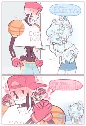 1boy 1girl 2025 2d alternate_costume anthro aqua_skin bad_deviantart_id bad_id bad_tiktok_id baseball_cap bead_bracelet beaded_necklace black_bra blue_shorts blue_skirt blush bra bracelet breasts cephalopod cephalopod_eyes cleavage clothes_writing colored_skin comic commentary denim denim_skirt digital_media duo english_commentary english_text eyelashes female flower flower_hair_ornament gloves green_pupils hair_ornament hat heart hetero highres horizontal_pupils humanoid ichi_(tentaclesnbones) interspecies jewelry kabedon male miniskirt monster monster_boy monster_girl necklace oc_x_canon octopus octopus_girl off-shoulder_shirt off_shoulder official_alternate_costume original original_character own_hands_together papyrus_(undertale) red_flower red_gloves rose sequential shirt short_hair shorts simple_background skeleton skirt spaghetti_strap speech_bubble suction_cups teeth tentacle_girl tentacle_hair text undead undertale utdr_(toby_fox) white_background white_hair white_shirt wristband yellow_eyes